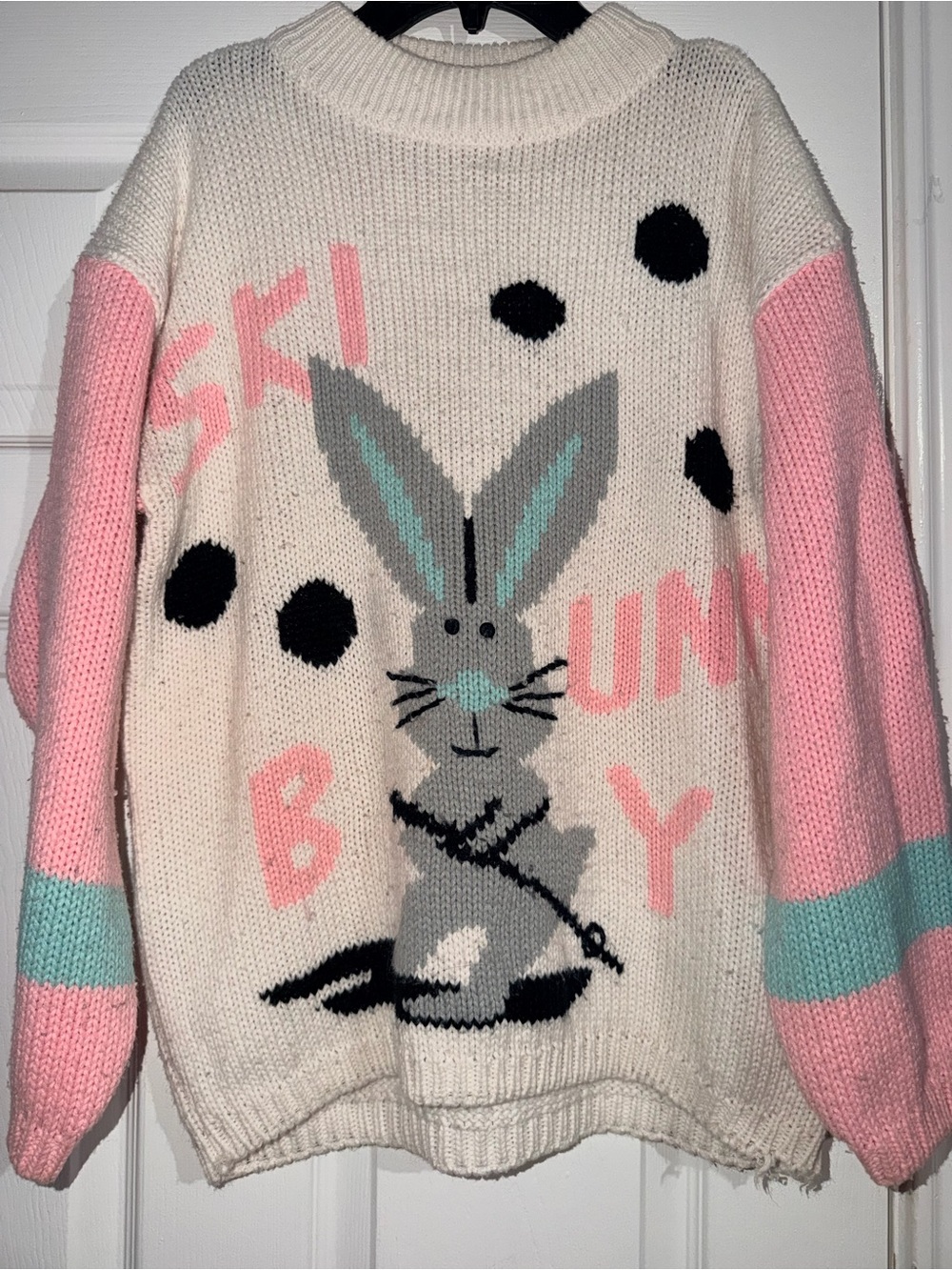 Vintage Cream Sweater with Pink Sleeves & Gray Bunny Graphic